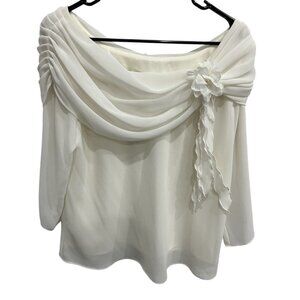 MSK Elegant White Drape Neck Blouse With Flower Detail Women Size 1X